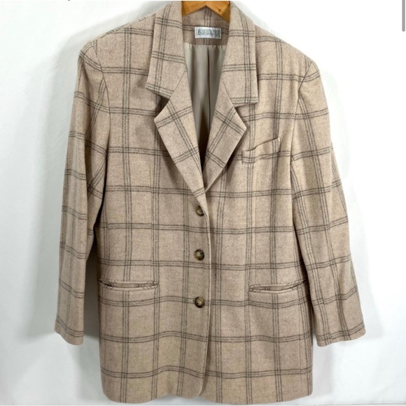 Lands' End Jackets & Blazers - Vintage LANDSEND Womens Blazer Tan Plaid 100% Wool Button Front Cream Tan Blue